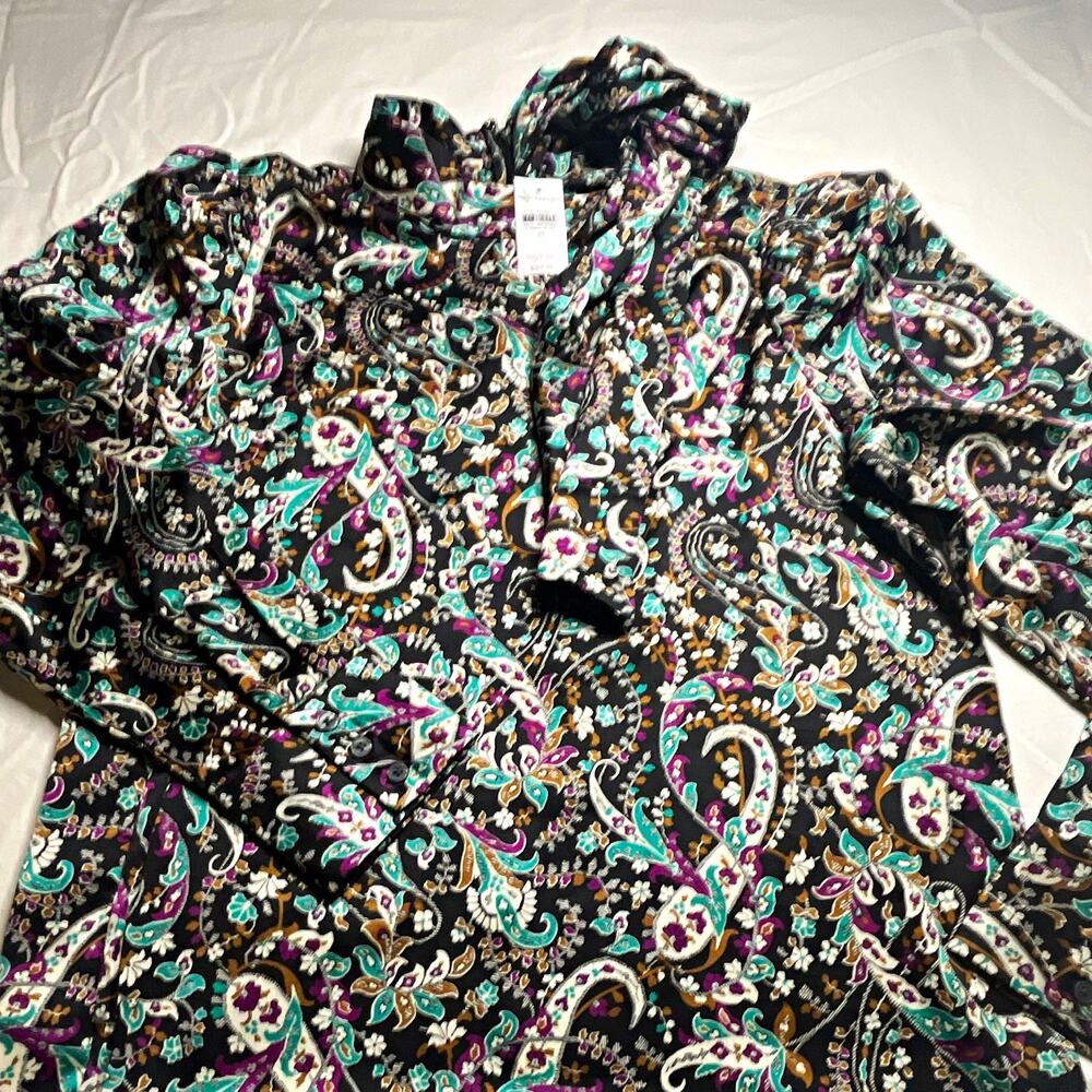 Ann Taylor Women’s M Paisley Tie-Neck Pullover Blouse Black Teal Purple (102)